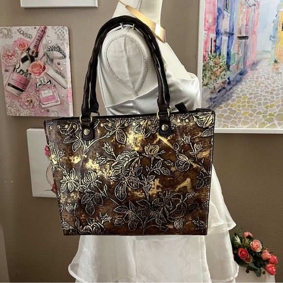 Patricia Nash Brown Zancona Metallic Embossed Floral design...